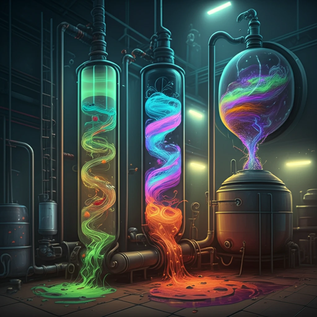 Biogas plant with colorful sludge streams, representing different compositions and flow properties.