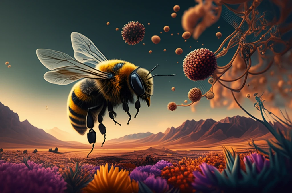 Honeybee hovering over diverse Jujuy landscape with floating pollen grains.