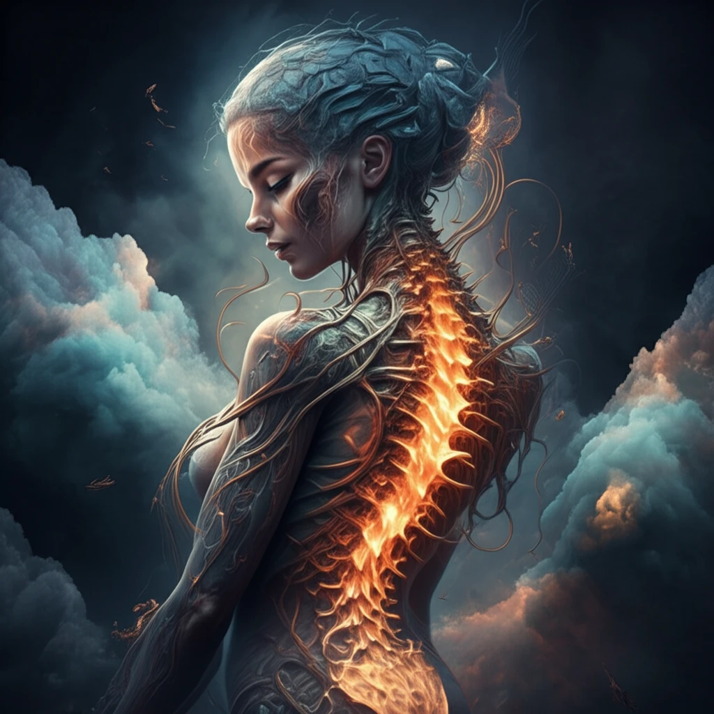 Serene woman intertwined with a glowing spine, symbolizing resilience in managing axSpA.