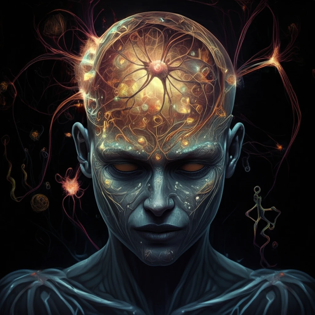 Surreal illustration of neural pathways and serotonin molecules in a human head, symbolizing head and neck paragangliomas.