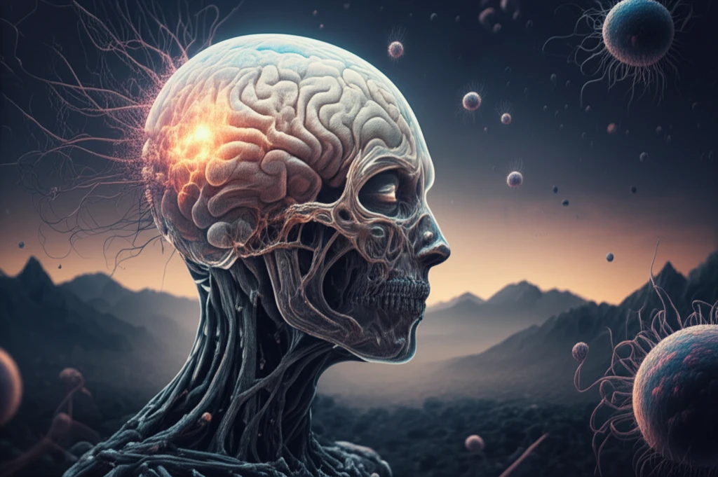 Surreal illustration of brain and immune system interaction in aging and Alzheimer's.