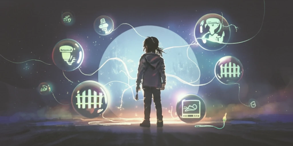 Child surrounded by protective orbs representing safety measures.