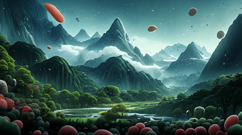Surreal illustration of Last Glaciation climate in Yunnan Province, China, showcasing pollen and mountain glaciers.