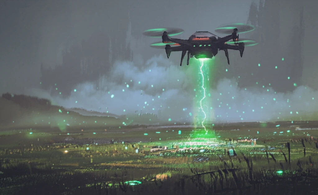 Futuristic drone wirelessly charging sensors across a field