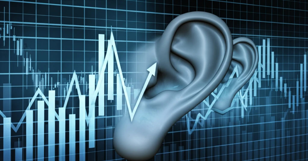 Surreal illustration of stock charts transforming into listening ears, symbolizing the blending of market noise, news, and information for investment analysis.