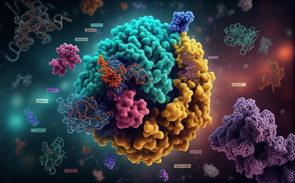 Digital illustration of a glucocorticoid receptor interacting with DNA and proteins.