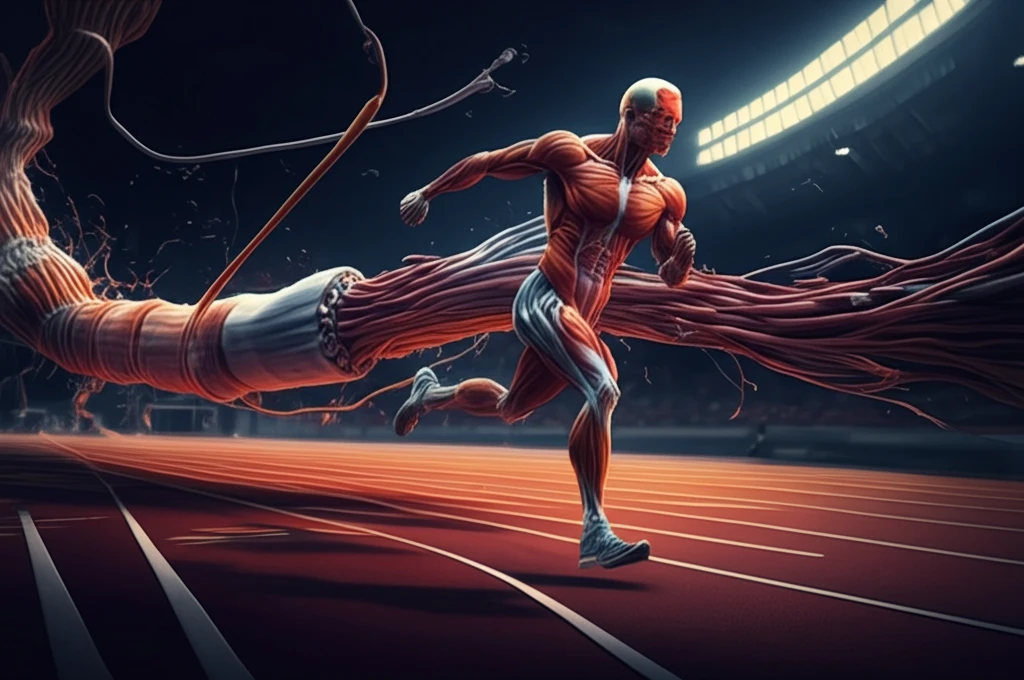 Muscle fiber transforming into a runner, symbolizing exercise-induced plasticity.