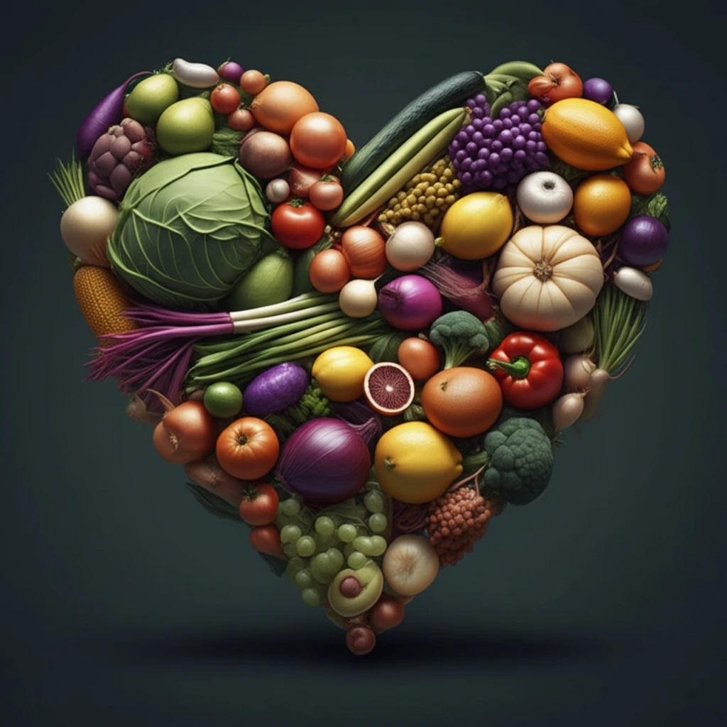 Fruits and Vegetables Arranged in the Shape of a Human Heart.
