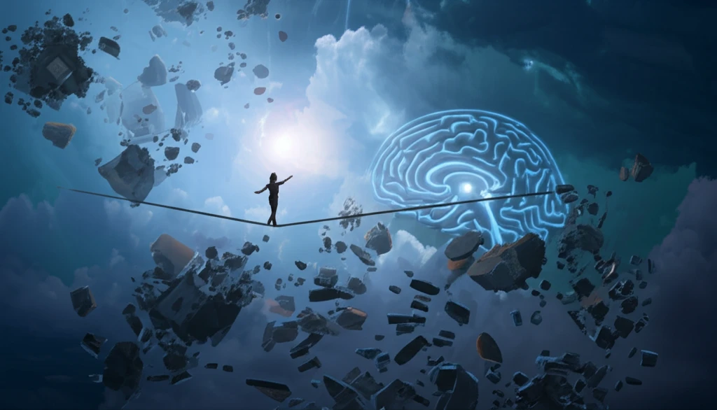 Surreal illustration of tightrope walker above dream fragments, representing Parkinson's psychosis.