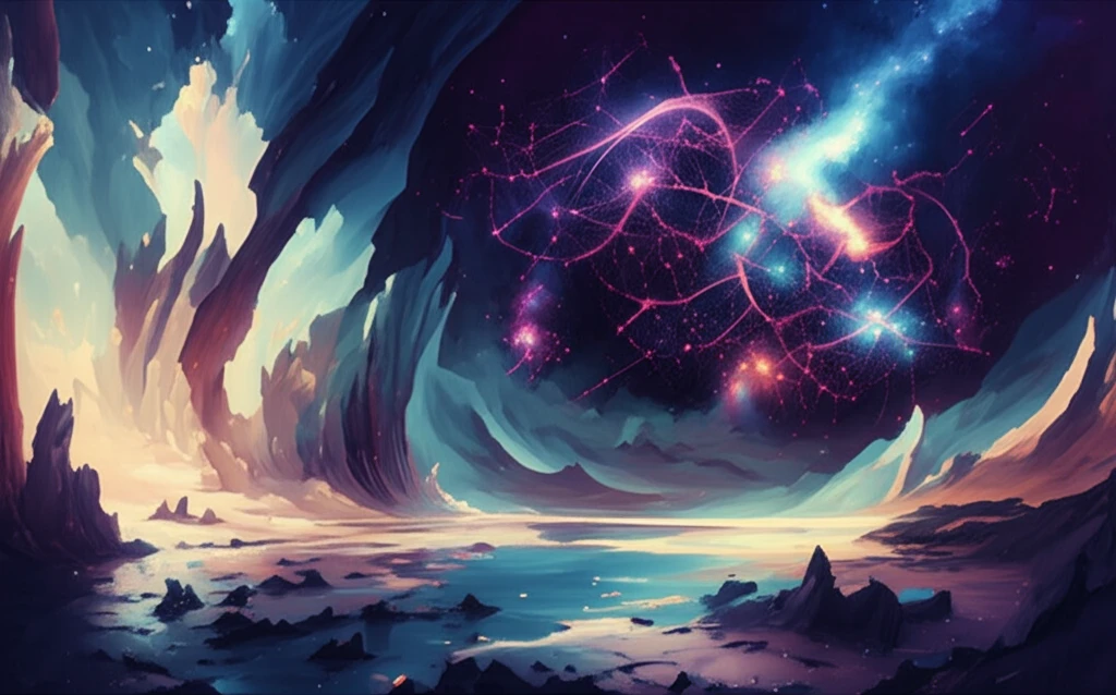 Surreal salt lake landscape with mineral formations and a model representing ion interactions.