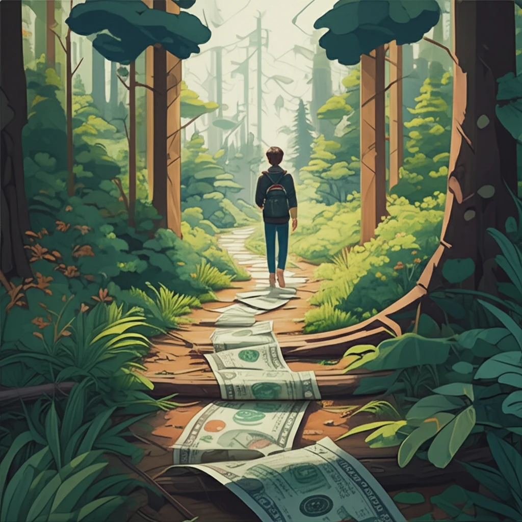 Person walking on a path made of dollar bills.
