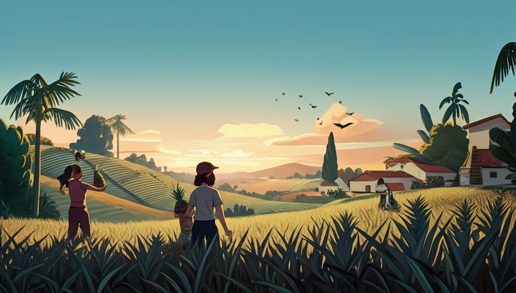 Lush green pineapple fields on rolling hills.