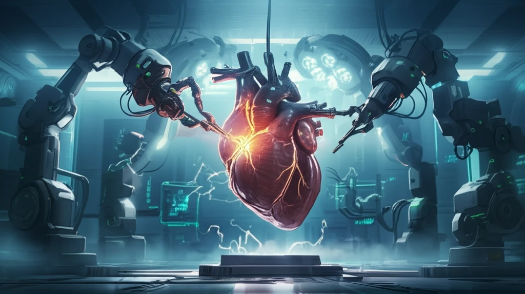 Surreal illustration of robotic arms reconstructing a heart's aorta.