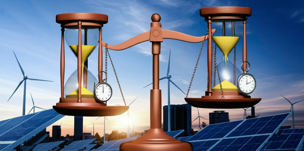 Balanced scale representing energy supply and demand, symbolizing time delays in energy markets.