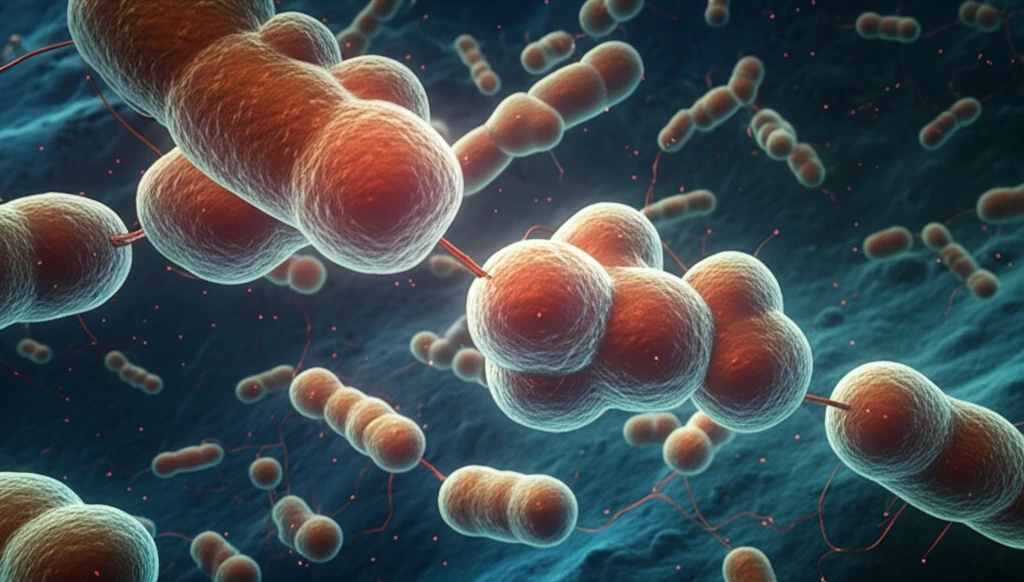 Microscopic view of bacterial cells adapting to nutrient conditions.