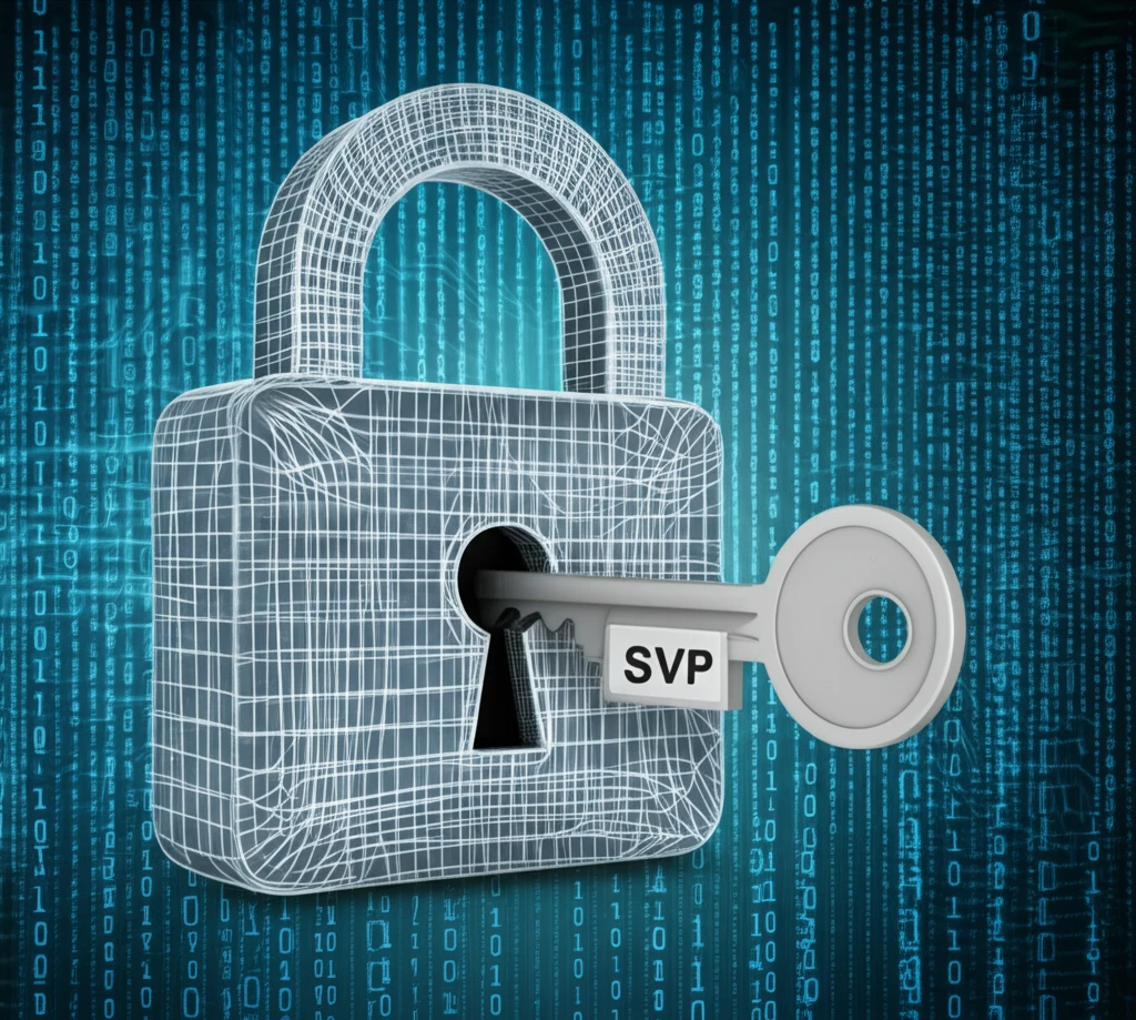 Surreal illustration of a lattice lock being opened by a key labeled SVP