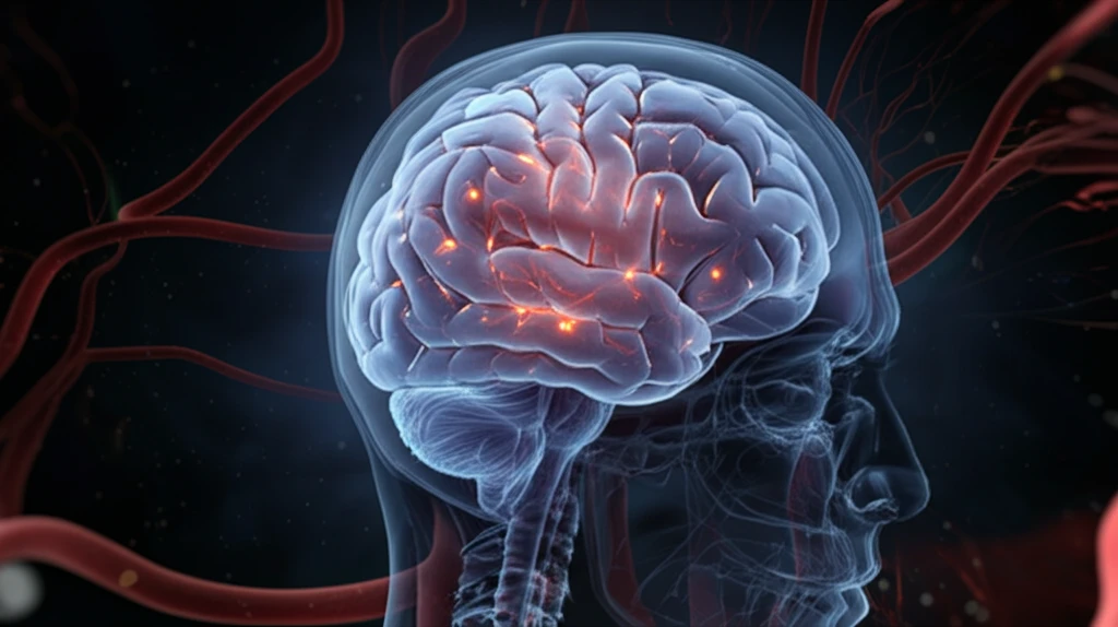 Surreal illustration of a brain interwoven with glowing blood vessels, symbolizing angiocentric glioma.