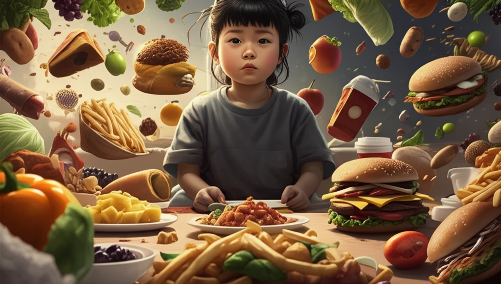 Surreal illustration of Asian child facing dietary choices, fast food vs. healthy options.