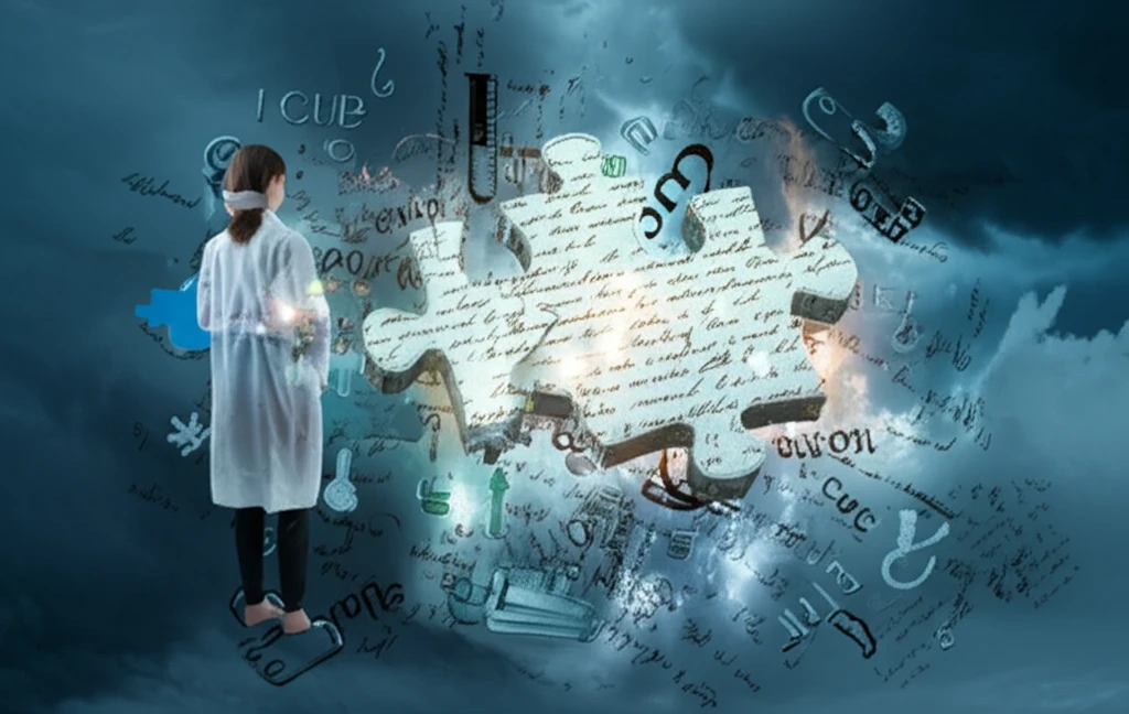 Medical student assembling a medical text using linguistic clues.