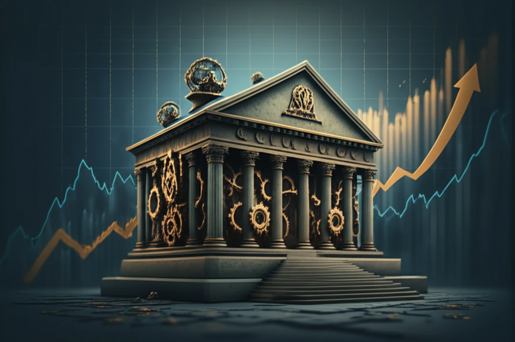 Central bank gears turning with asset price graph rising.