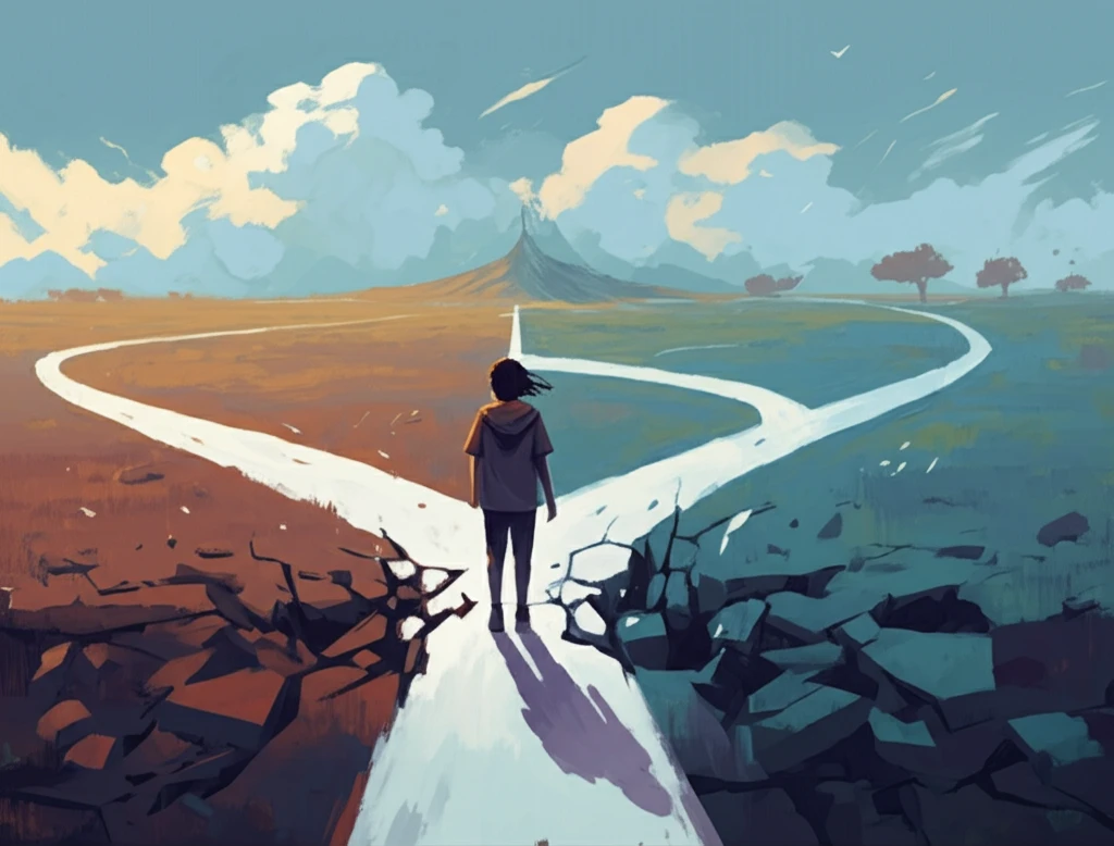 A surreal digital illustration of a teenager at a crossroads after parental separation.