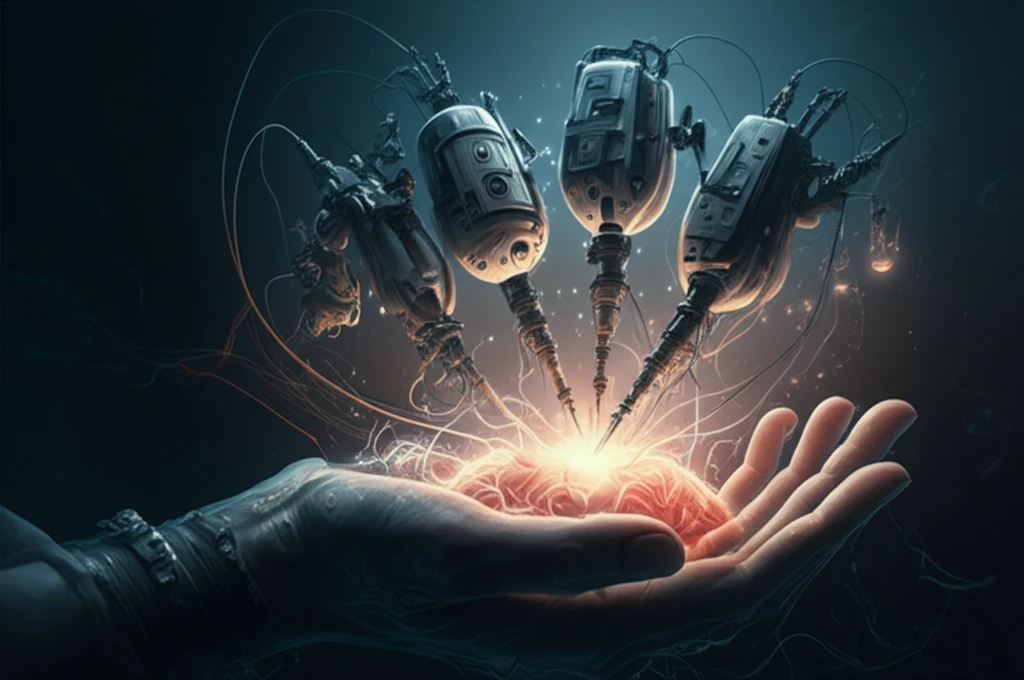Hand-held surgical robot performing delicate surgery.