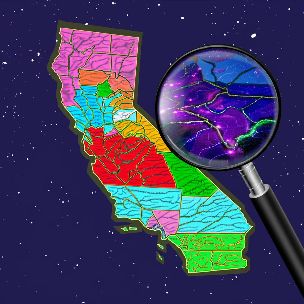Stylized map of California overlaid with pesticide application data, highlighting waterways and crops.