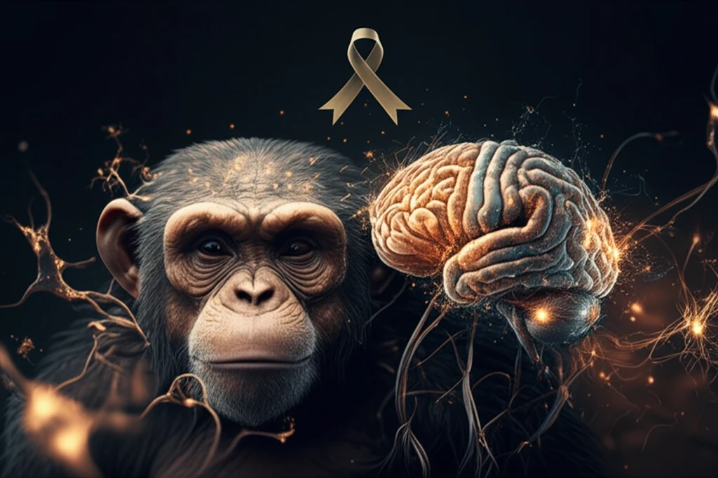 Chimpanzee and human brains intertwined, highlighting astrocytic differences in Alzheimer's research