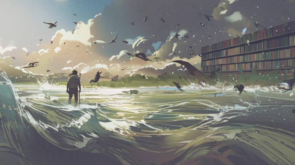A surreal digital illustration shows a river of knowledge transforming into diverse learning environments, symbolizing fluidity and self-directed learning.