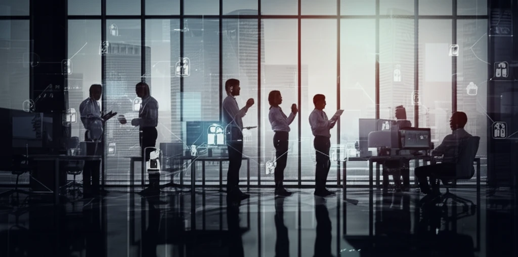 Diverse employees collaborate in a giving-focused workplace.