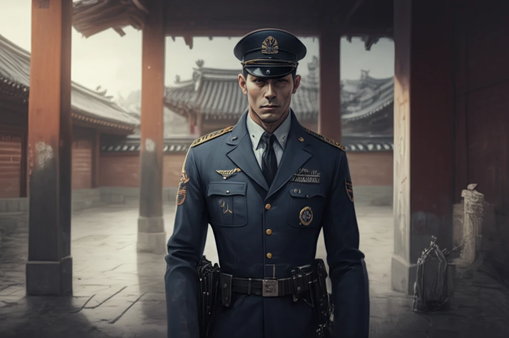 A surreal digital illustration blending Korean and Japanese traditional clothing with police uniform elements, symbolizing cultural tension and authority.
