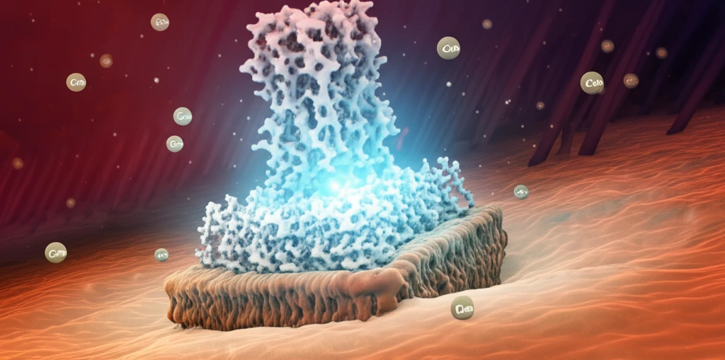Illustration of TRPV6 protein channel facilitating calcium ion flow in cell membranes.