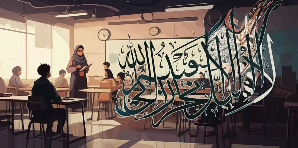 Arabic calligraphy and English text, symbolizing the fusion of cultures and languages, in a modern Saudi classroom.