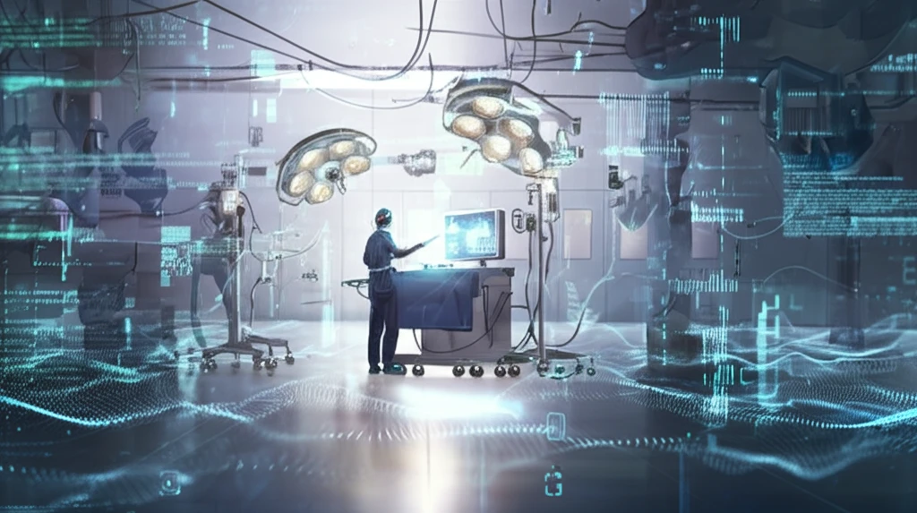 Surreal illustration of surgeon navigating data landscape.