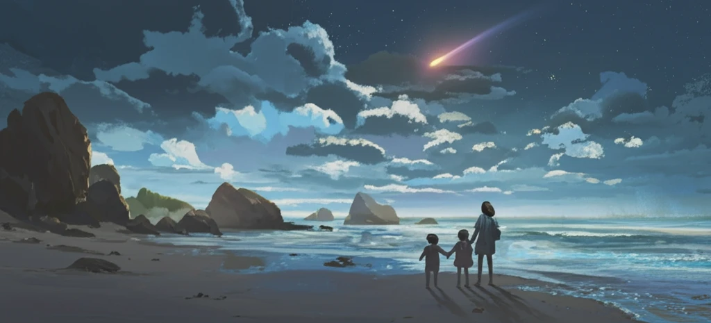 Family observing fossils under a comet, illustrating cultural evolution.