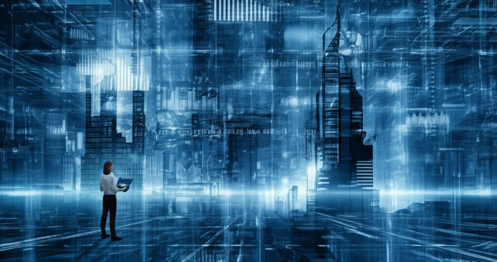 Data analyst navigating a cityscape of algorithms.