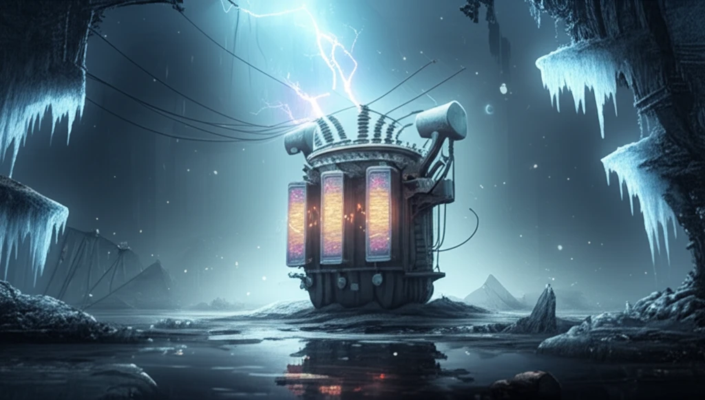Power transformer with thermoelectric cooling fins surrounded by ice and flowing water.