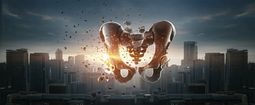Surreal image of a fractured hip implant being rebuilt with glowing bone fragments.