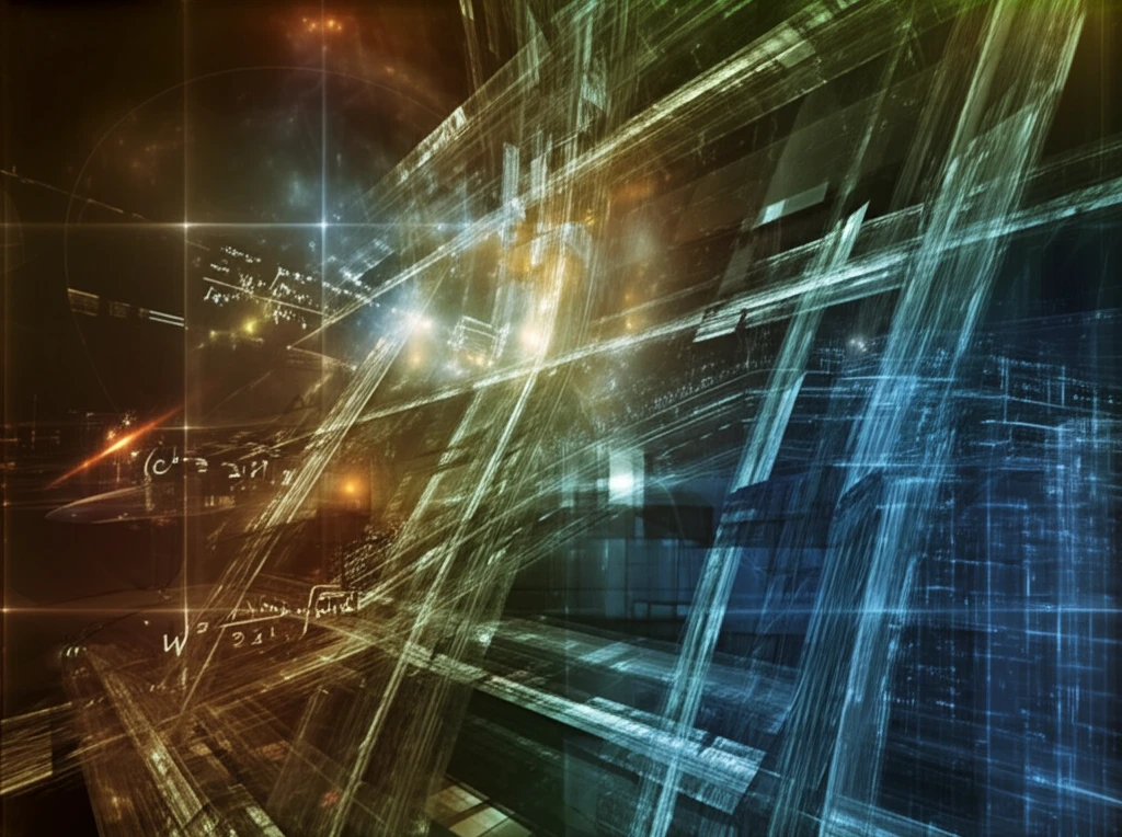 Futuristic cityscape intertwined with glowing mathematical equations and beam structures, representing the fusion of technology and structural engineering.
