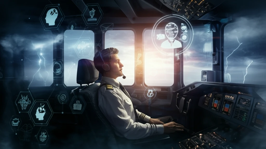 Supportive cockpit environment during a storm, symbolizing mental wellness for pilots.