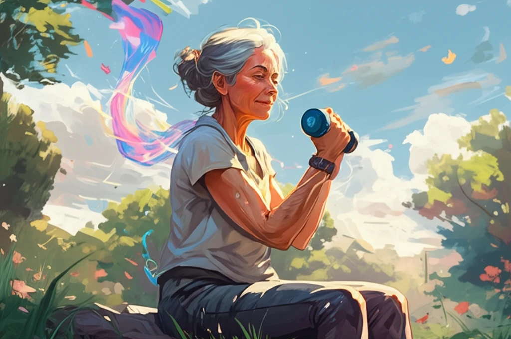 A vibrant older woman lifting weights outdoors, symbolizing vitality through exercise.
