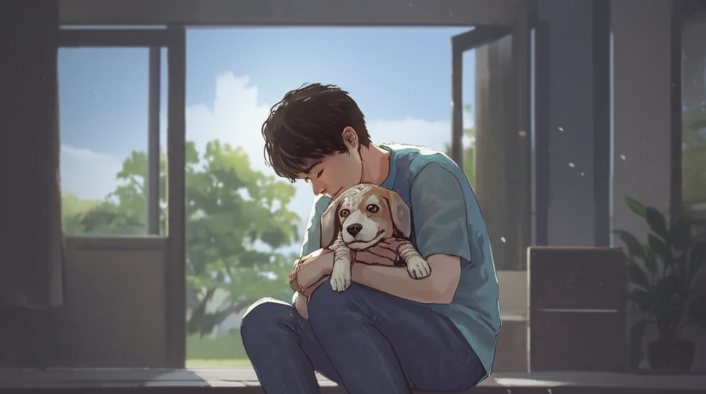 A loving pet owner providing first aid to their injured dog.