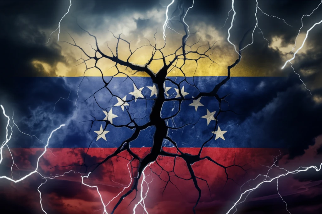 Cracked Venezuelan flag with storm clouds