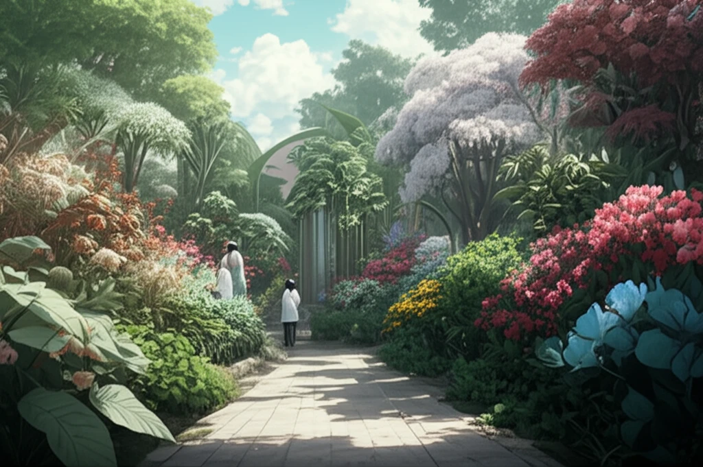 Lush garden of Chinese herbs with scientists, illustrating the intersection of traditional medicine and modern science.