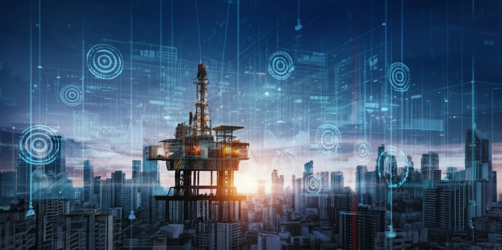 Data-driven cityscape merging with an oil rig, symbolizing the future of energy through data analytics.