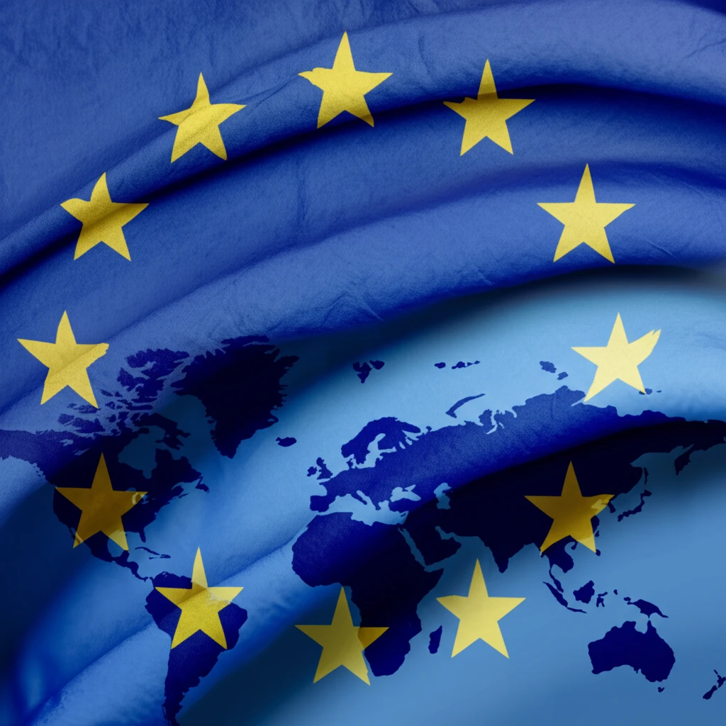 EU flag intertwined with world map symbolizing global security role.