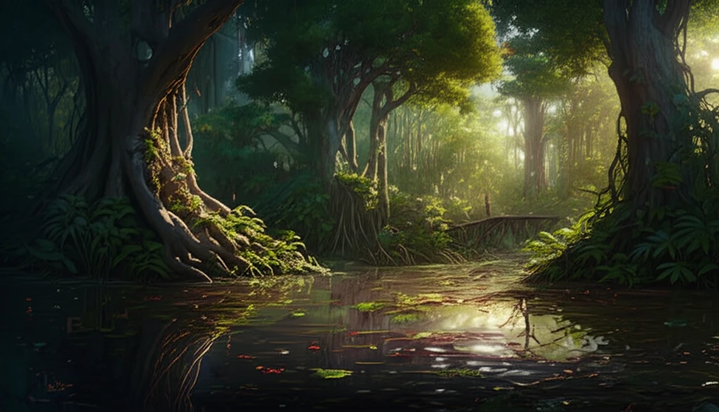 Surreal image of Amazonian igapó forest with submerged tree roots.