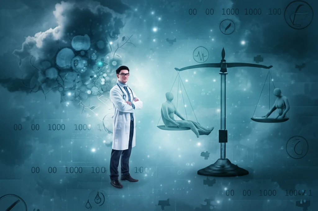 Doctor and patient on a balanced scale, representing healthcare decision-making.