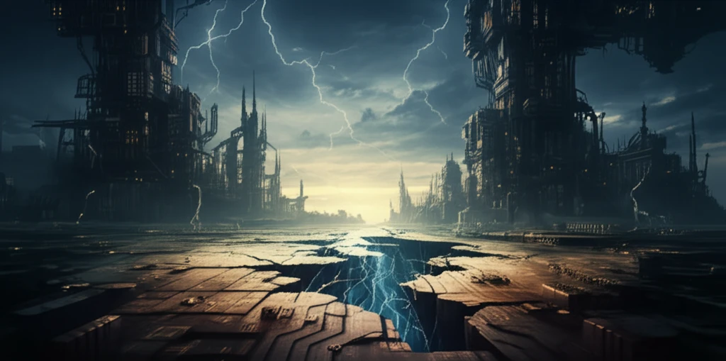 Circuit board cityscape with cracks and electrical pulses.