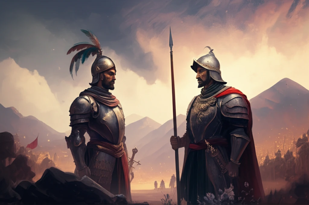 Surreal illustration of Pizarro and Atahualpa meeting in Cajamarca, symbolizing the clash of cultures.